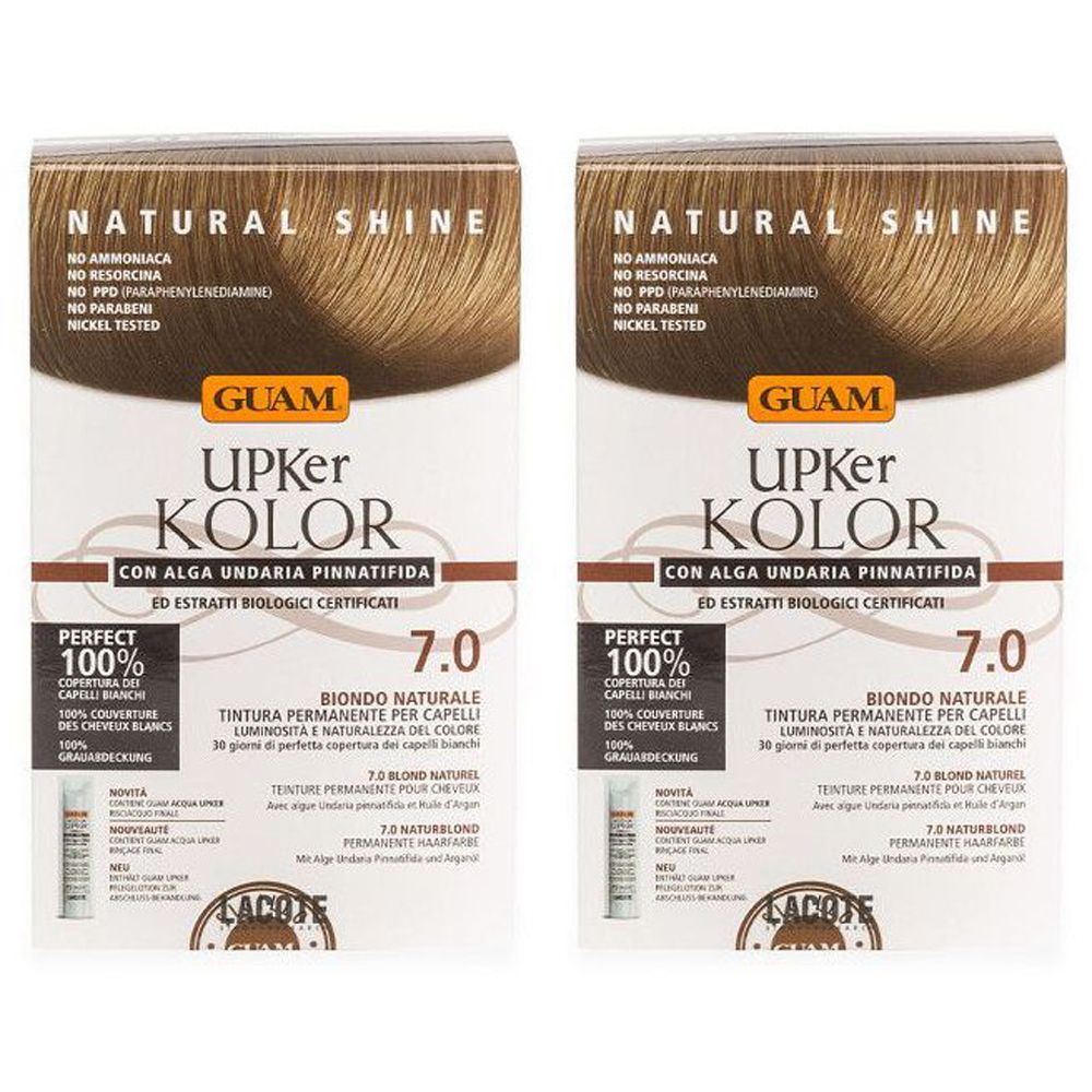 Due confezioni di tinta per capelli GUAM Upker Kolor, tonalità 7.0. Logo, nome del prodotto e testo. Scritta: Natural Shine, copertura 100% dei capelli bianchi.