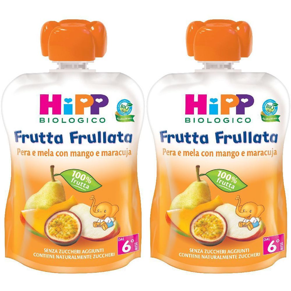 HiPP Biologico Frutta Frullata Pera e Mela con Mango e Maracuja Set da 2