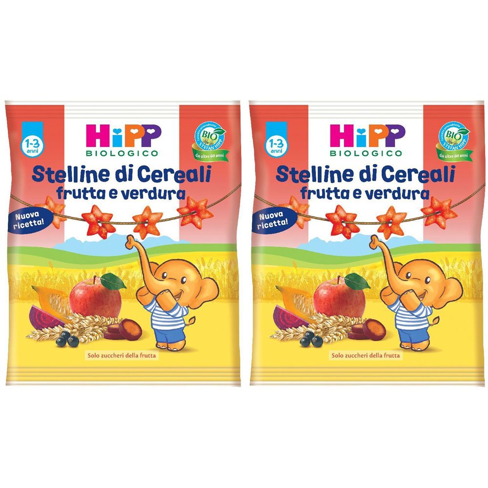 Due confezioni di HiPP Stelline di Cereali. Scritta: Bio, frutta e verdura, illustrazione con elefante e stelle.