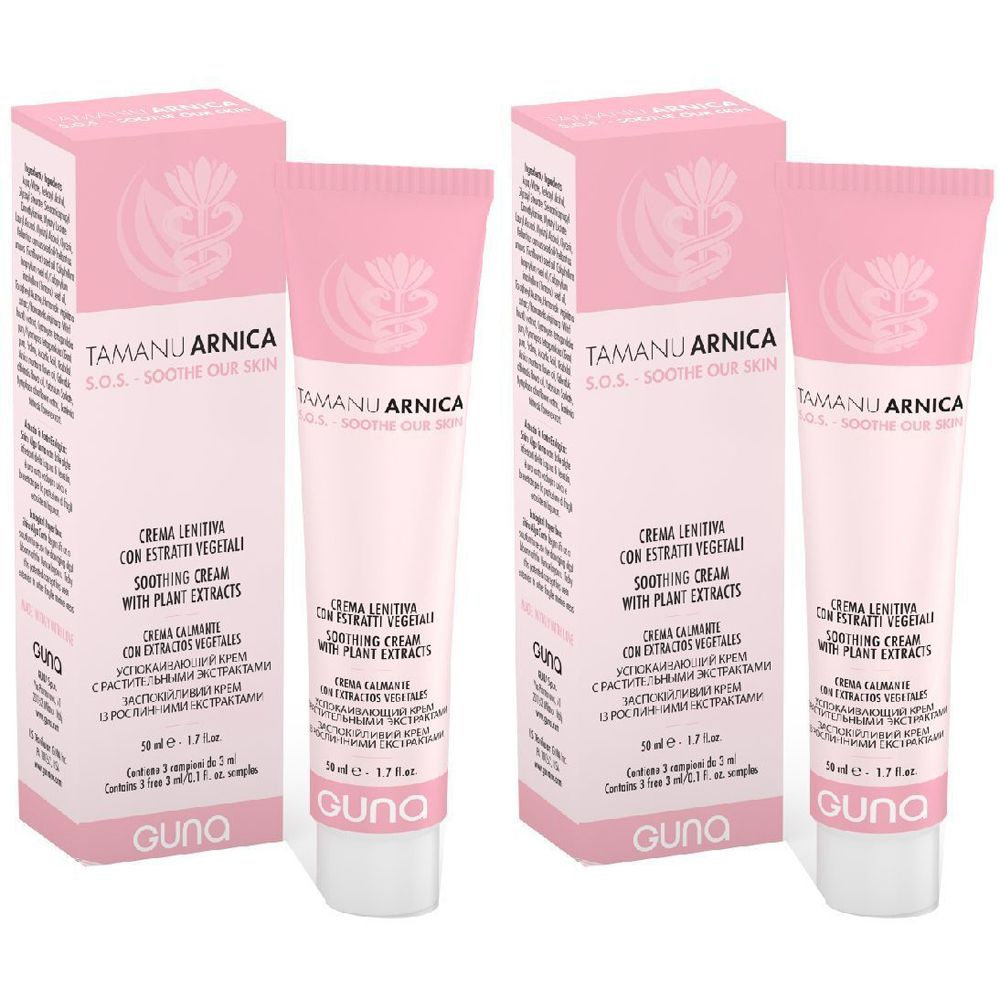 Due tubi e scatole rosa. Scritta: Tamanu Arnica, S.O.S. Soothing Cream. Marchio Guna.