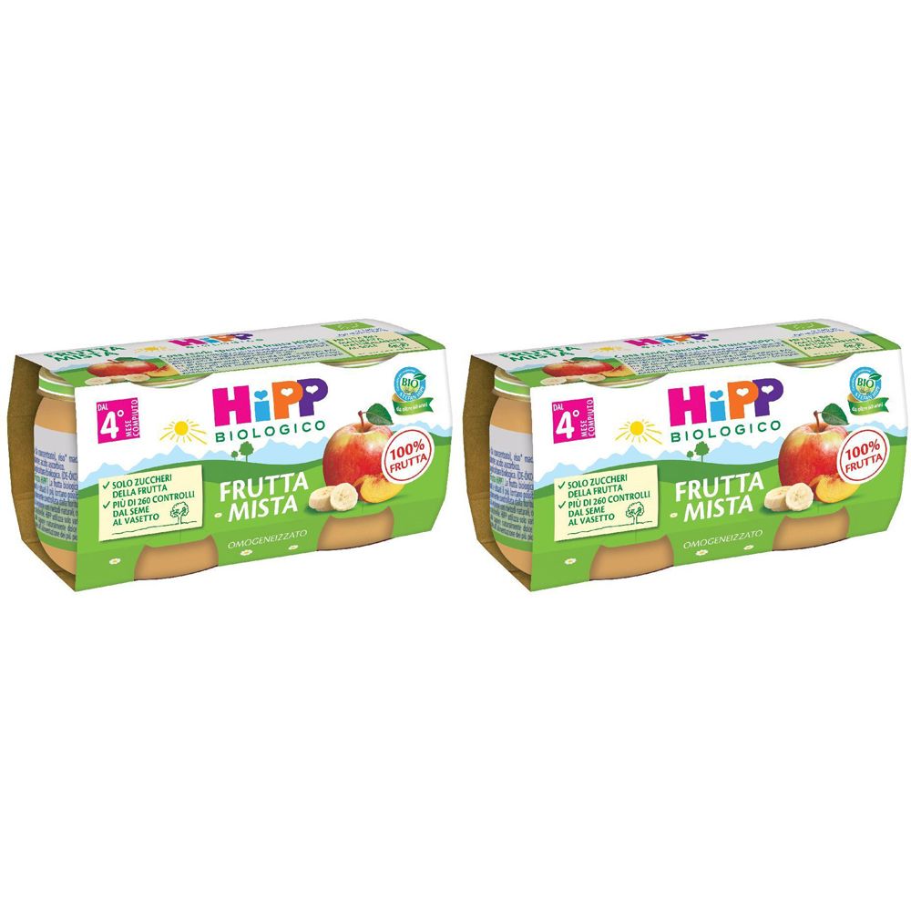 Due vasetti HiPP Biologico Frutta Mista. Confezione con indicazione 100% Frutta. Adatto a bambini dai 4 mesi.