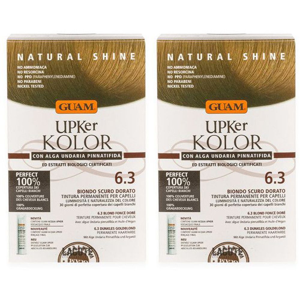 Due confezioni di tinta per capelli GUAM Upker Kolor. Scritto: 6.3 Biondo Scuro Dorato. Con Alga Undaria Pinnatifida.