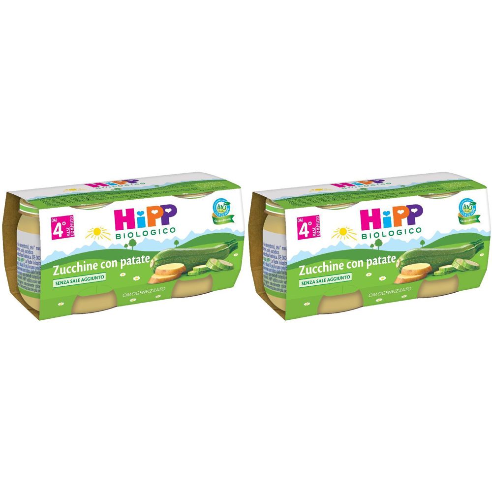 Due vasetti HiPP Bio Zucchine con Patate in confezione. Scritta: HiPP BIOLOGICO, Zucchine con patate. Confezione verde e bianca.