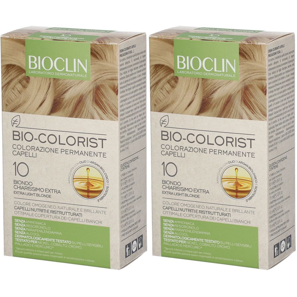 Due confezioni di BIOCLIN Bio-Colorist, tonalità 10, biondo chiarissimo. Scritte: Bio-Colorist, Colorazione Permanente Capelli, Biondo Chiarissimo Extra Light Blonde.
