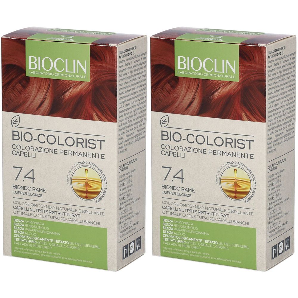 Due confezioni di BIOCLIN Bio-Colorist 7.4. Scritte: Bio-Colorist, colorazione permanente, 7.4 Biondo Rame, Copper Blonde.