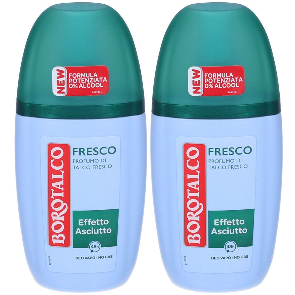 Due deodoranti Borotalco con tappi verdi. Scritta: Fresco, Profumo di Talco Fresco, Effetto Asciutto. Con adesivo « New ».