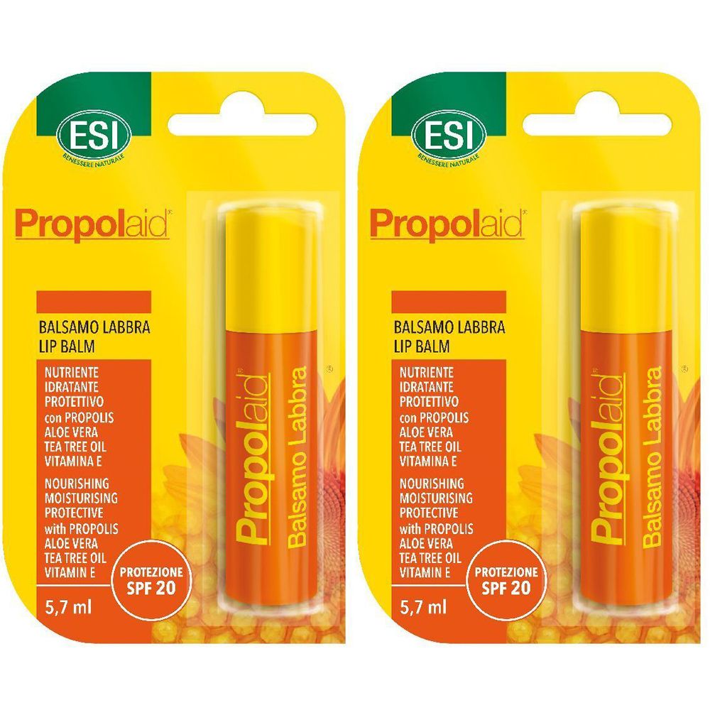 Due stick balsamo labbra in confezione blister. Stick giallo-arancio con informazioni prodotto. Marchio: Propolaid.