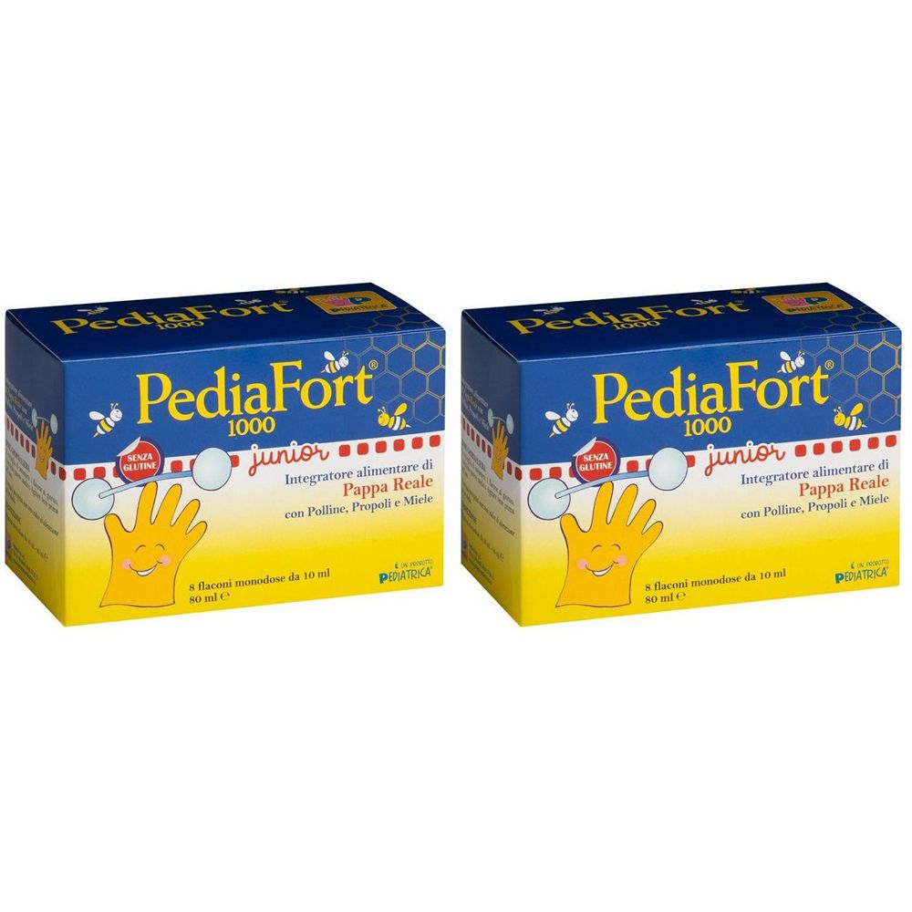 Due scatole blu PediaFort 1000 junior. Scritta: Integratore alimentare di Pappa Reale con Pollini, Propoli e Miele.