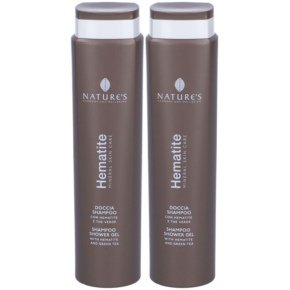 Due flaconi marroni con tappi bianchi. Scritta: NATURE'S, Hematite, doccia shampoo con ematite e tè verde.