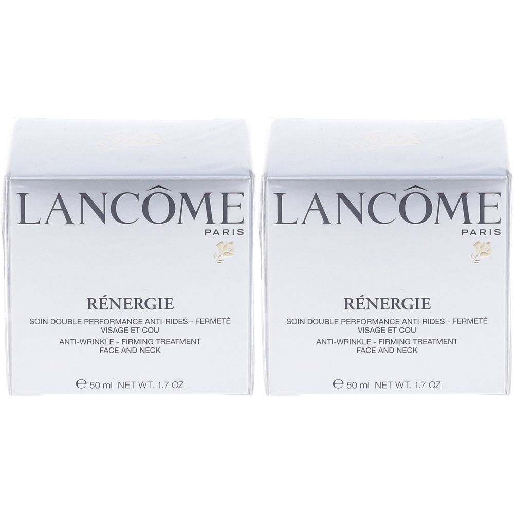 Due confezioni bianche Lancôme Rénergie. Testo: Trattamento antirughe per viso e collo. Contenuto: 50 ml. Confezione da due.