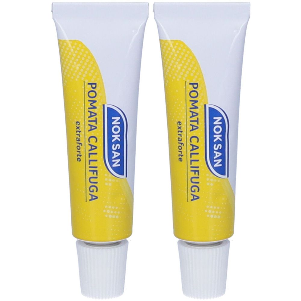 Due tubi con tappi bianchi. Ogni tubo riporta la scritta "POMATA CALLIFUGA extraforte" e "NOKSAN". Sfondo giallo e bianco.