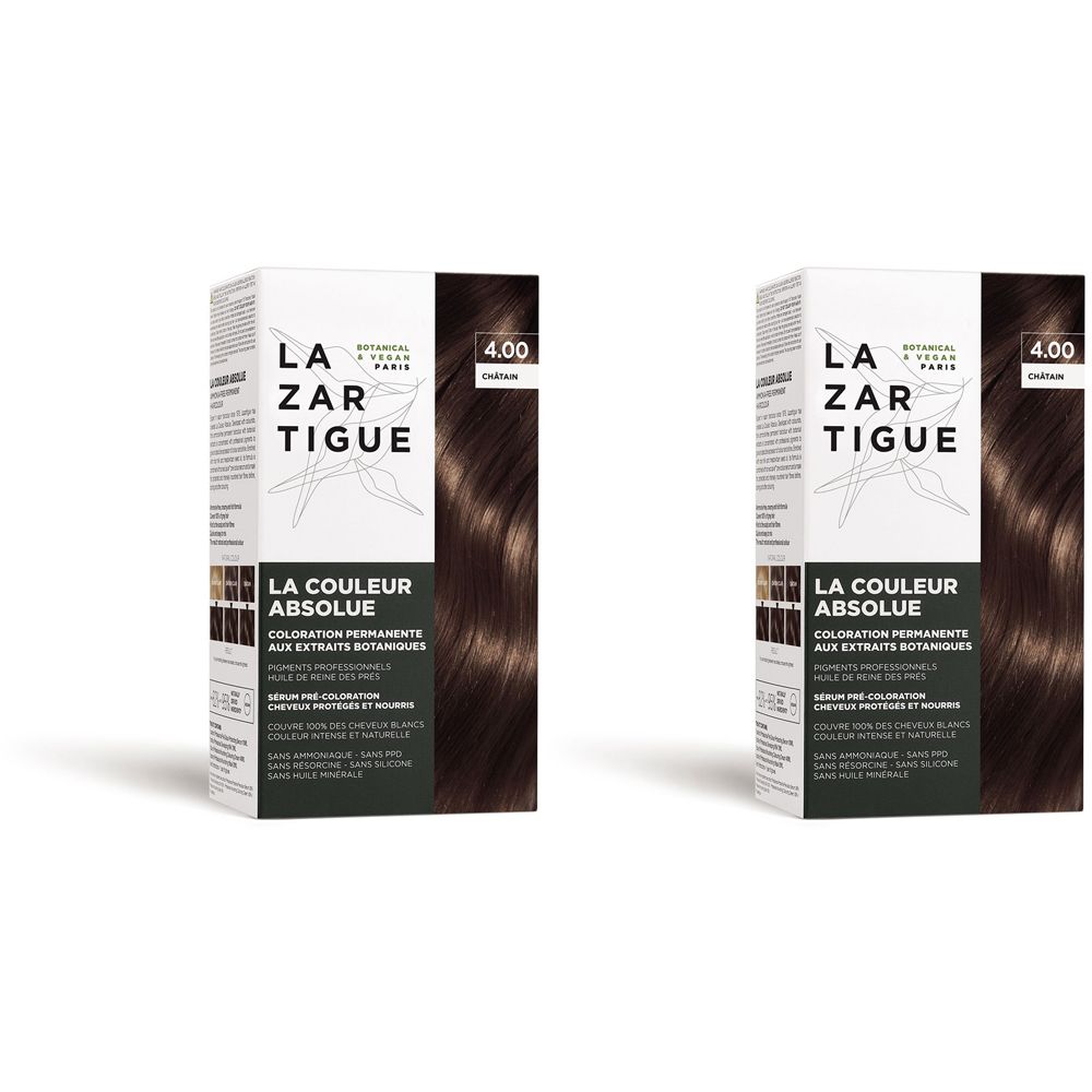 Due confezioni LAZARTIGUE COULEUR ABSOLUE. Scritta "4.00". Testo nero su sfondo bianco. Tonalità castano.