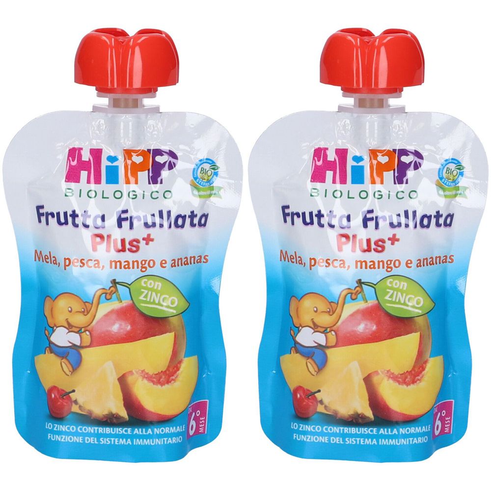 Due confezioni Hipp Bio Frutta Frullata Plus+. Scritto: Mela, pesca, mango e ananas. Con zinco. Tappo rosso.