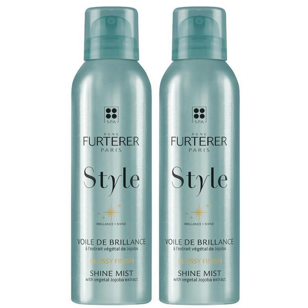Due flaconi spray. Marchio: RENE FURTERER. Prodotto: Style Shine Mist. Scritte: VOILE DE BRILLANCE, GLOSSY FINISH, SHINE MIST con estratto di jojoba.
