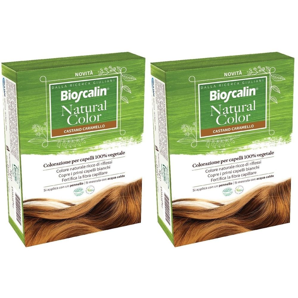 Due scatole verdi con la scritta Bioscalin Natural Color Castano Caramello. Scritta: Colorazione per capelli 100% vegetale.