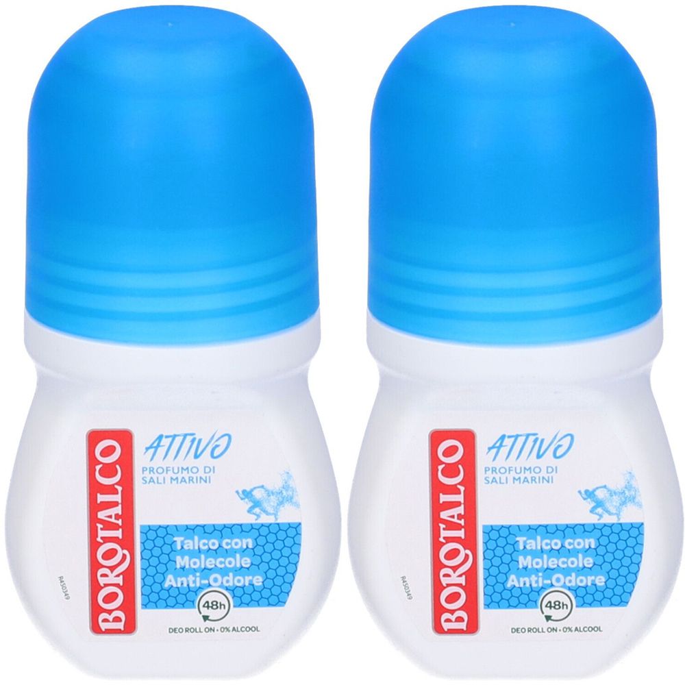 Due deodoranti roll-on con tappi blu. Scritte: Borotalco, Attivo, Talco con Molecole Anti-Odore. 48h.