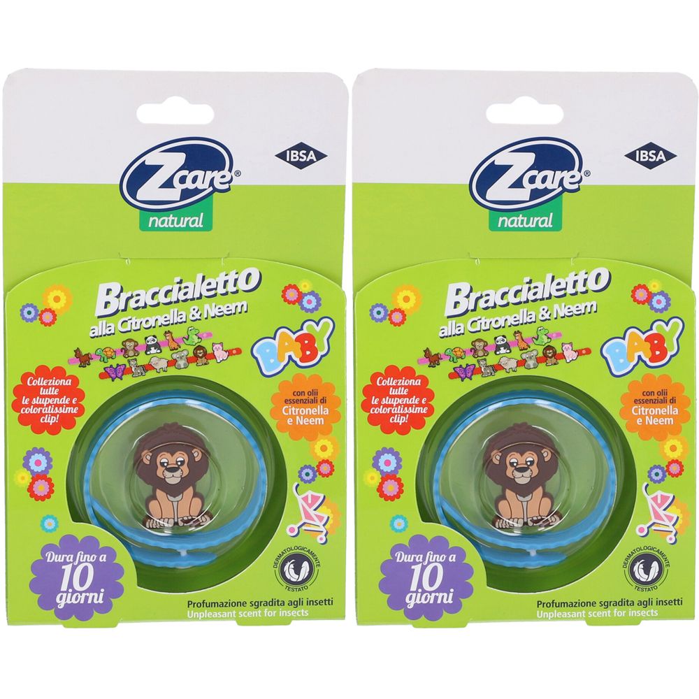 Due confezioni verdi con braccialetti. Scritta: Zcare natural, Braccialetto alla Citronella & Neem. Edizione baby.
