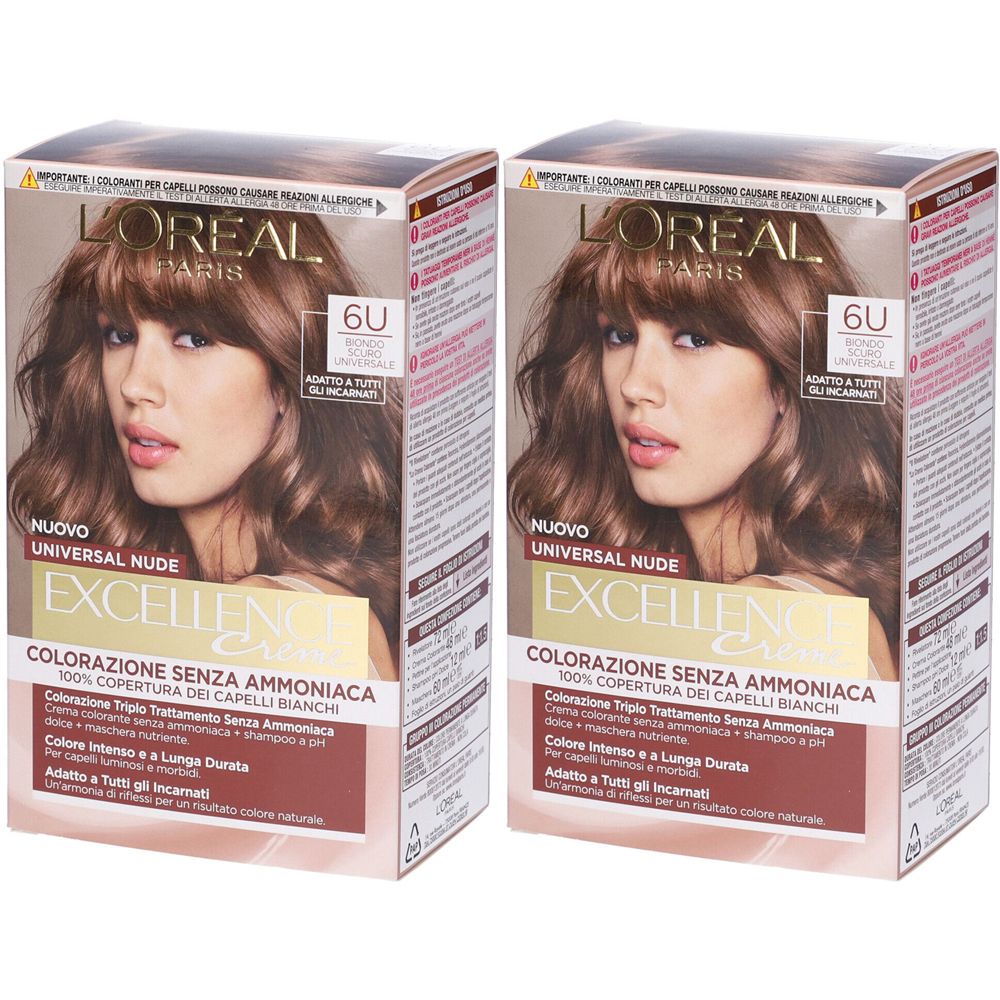 L’Oréal Paris Colorazione Permanente Excellence Universal Nude, Senza Ammoniaca, Con Riflesso Universale, Adatto a Tutti gli Incarnati, Colore Intenso a Lunga Tenuta, Biondo Scuro 6u Set da 2