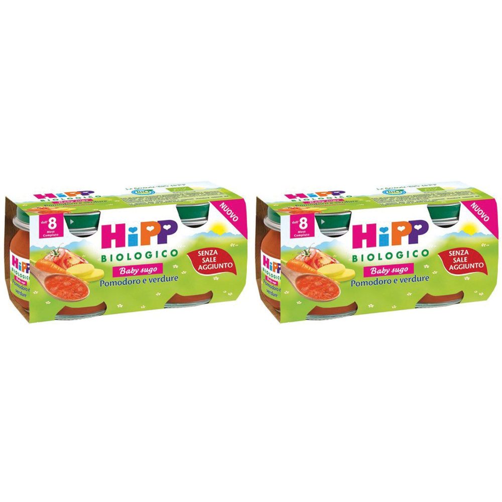 Due confezioni di salsa per bambini HiPP Biologico. Scritto: Pomodoro e verdure, senza sale. Con 8 vasetti.