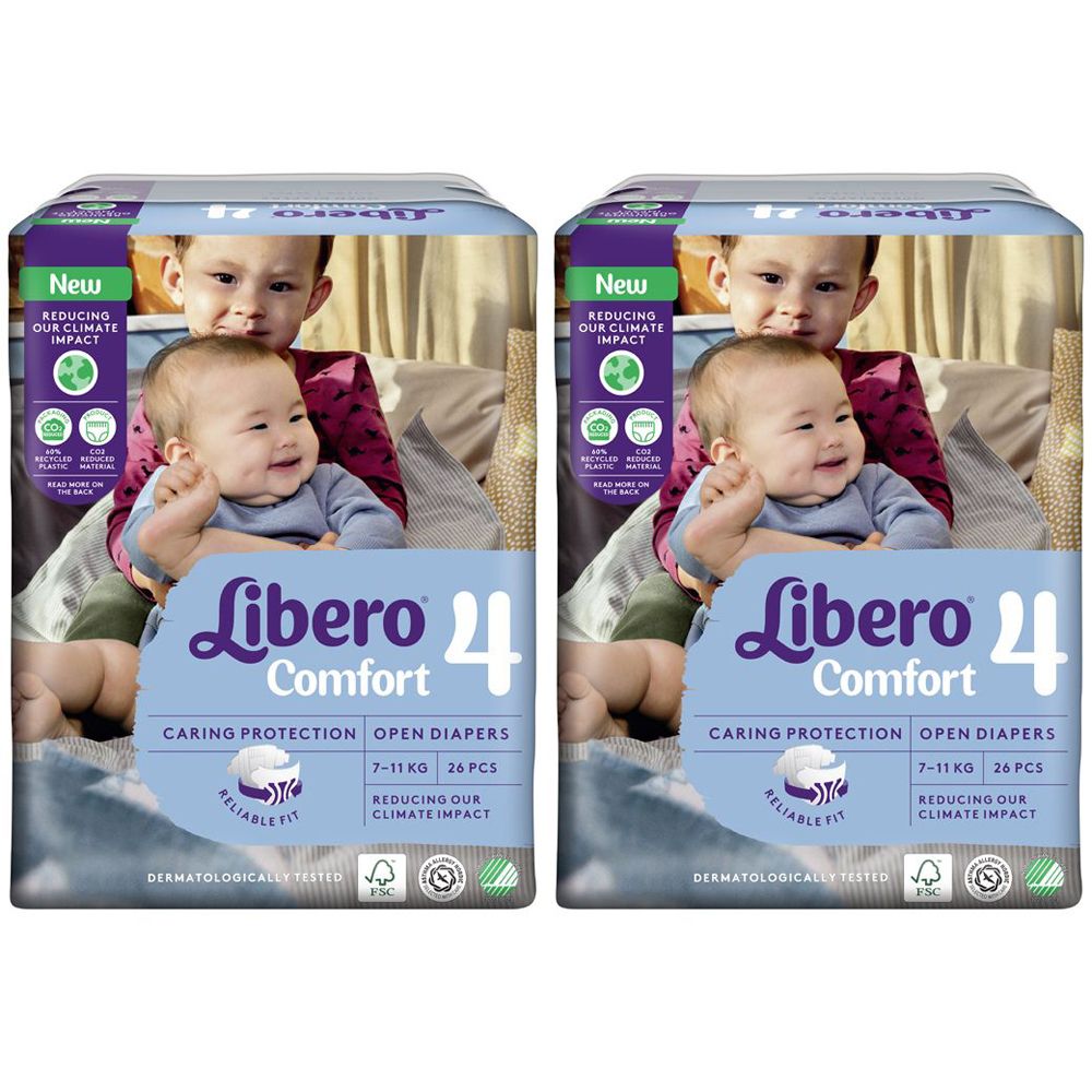 Due confezioni di pannolini Libero Comfort 4. Scritta: 7-11 kg, 26 pezzi. Immagine di un bambino e di un bambino.