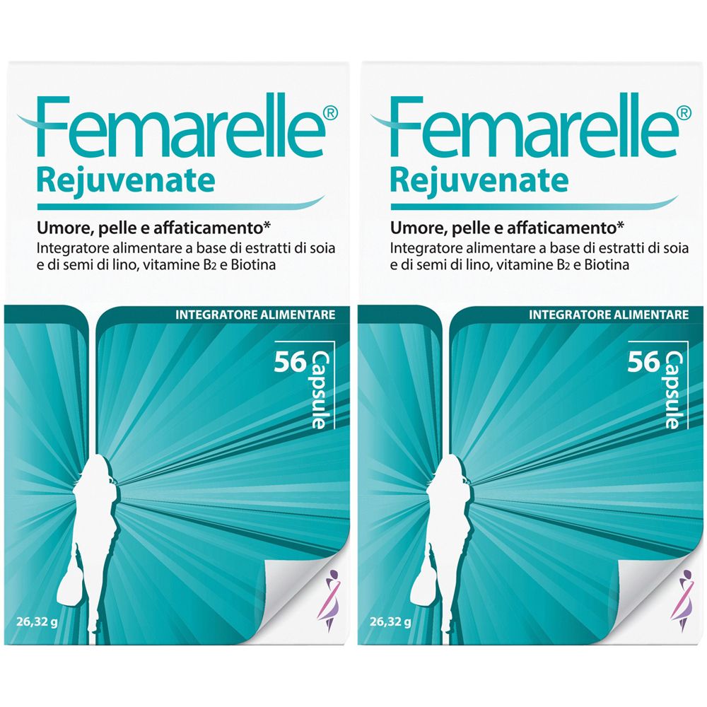 Due confezioni di Femarelle Rejuvenate. Scritta: Umore, pelle e affaticamento. 56 capsule. Integratore alimentare.