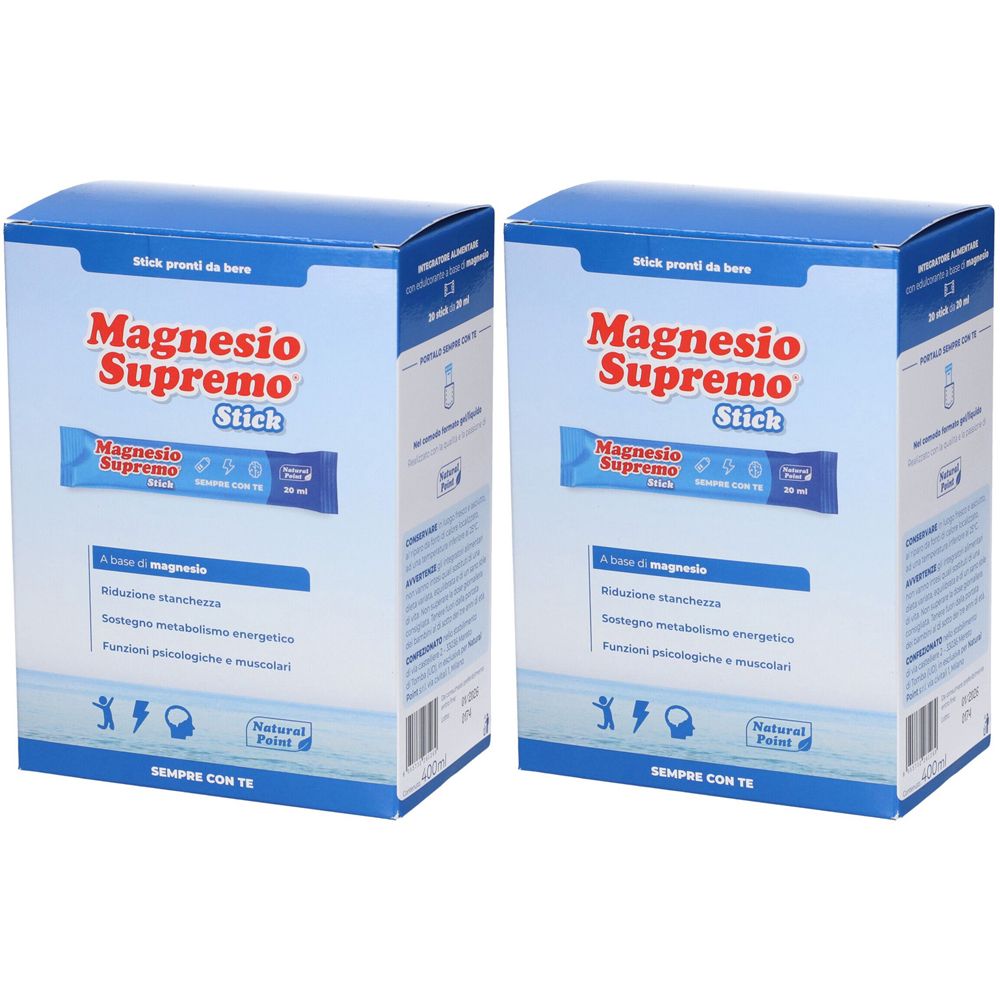Due confezioni di "Magnesio Supremo Stick". Confezione blu con nome prodotto e immagine stick. Testo in italiano.