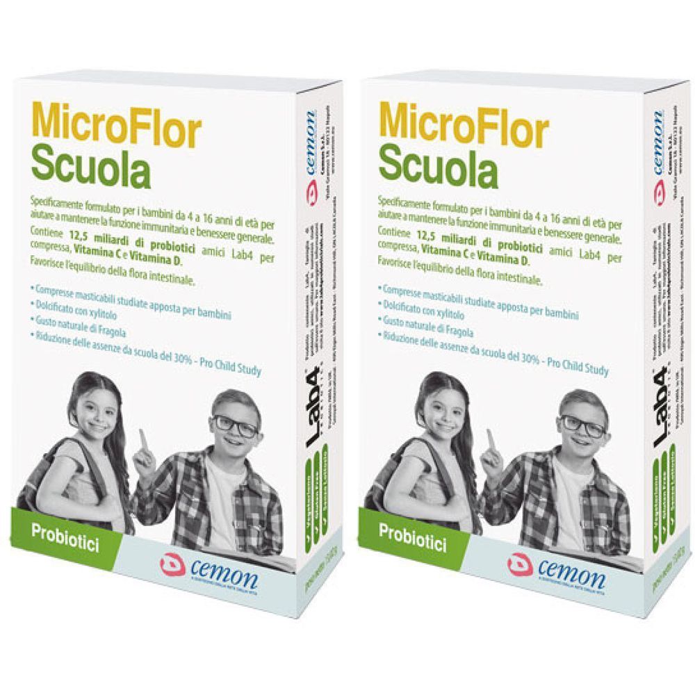 Due confezioni di MicroFlor Scuola. Stampa con nome del prodotto, testo e immagine di bambini. Marchio cemon, Lab4.