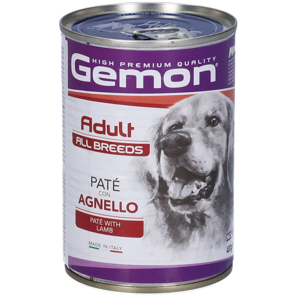 Lattina di cibo per cani "Gemon". Contiene paté all'agnello per cani adulti di tutte le razze. Prodotto in Italia.