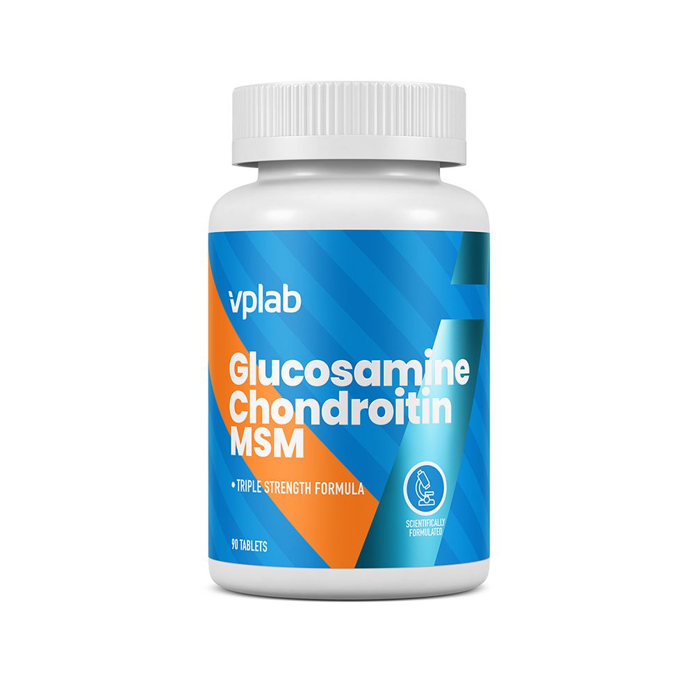Flacone bianco con etichetta blu-arancione. Scritta: Glucosamina Condroitina MSM. 90 compresse.
