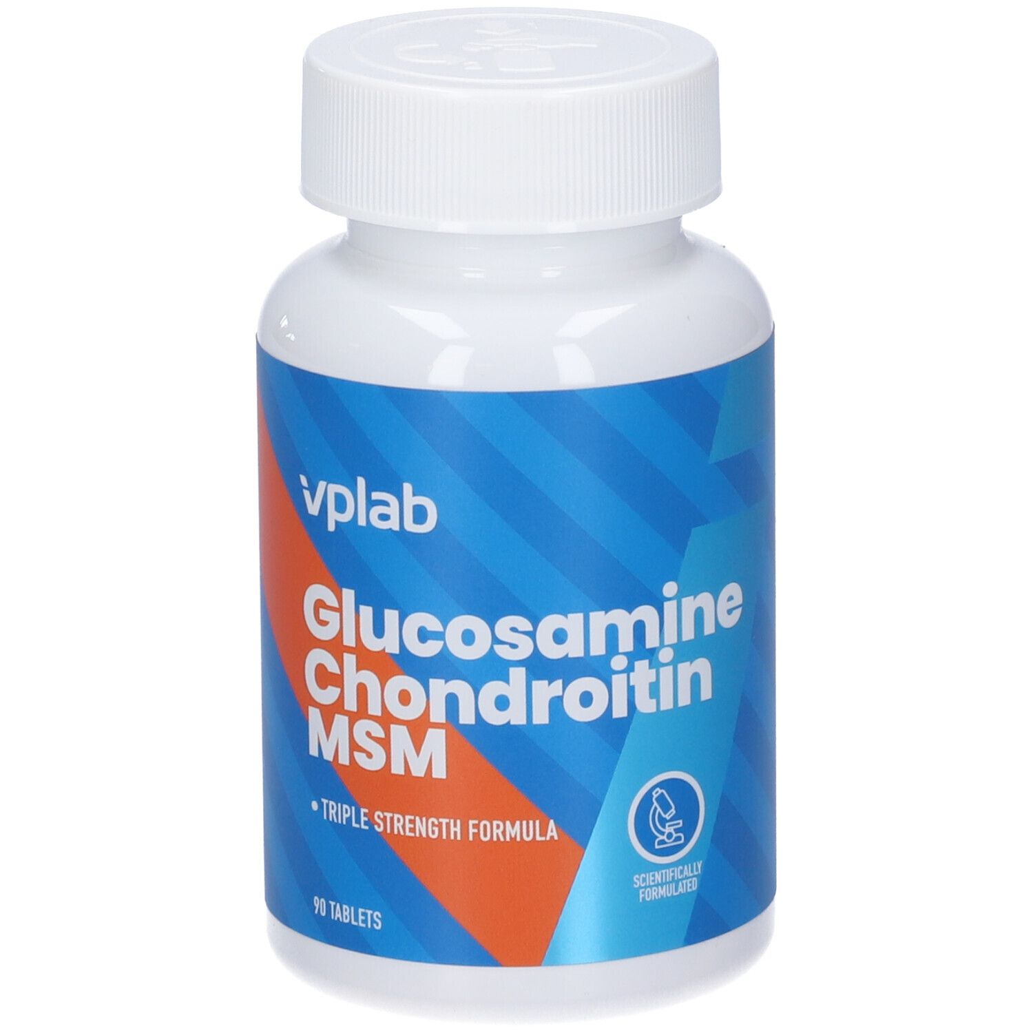 Flacone bianco con etichetta blu-arancione. Scritta: Glucosamina Condroitina MSM. 90 compresse.