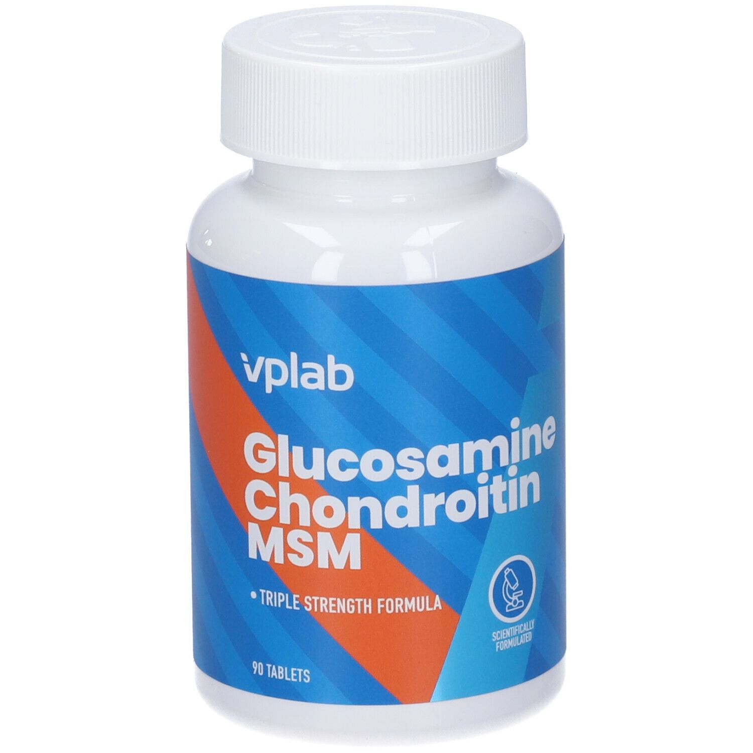 Flacone bianco con etichetta blu-arancione. Scritta: Glucosamina Condroitina MSM. 90 compresse.