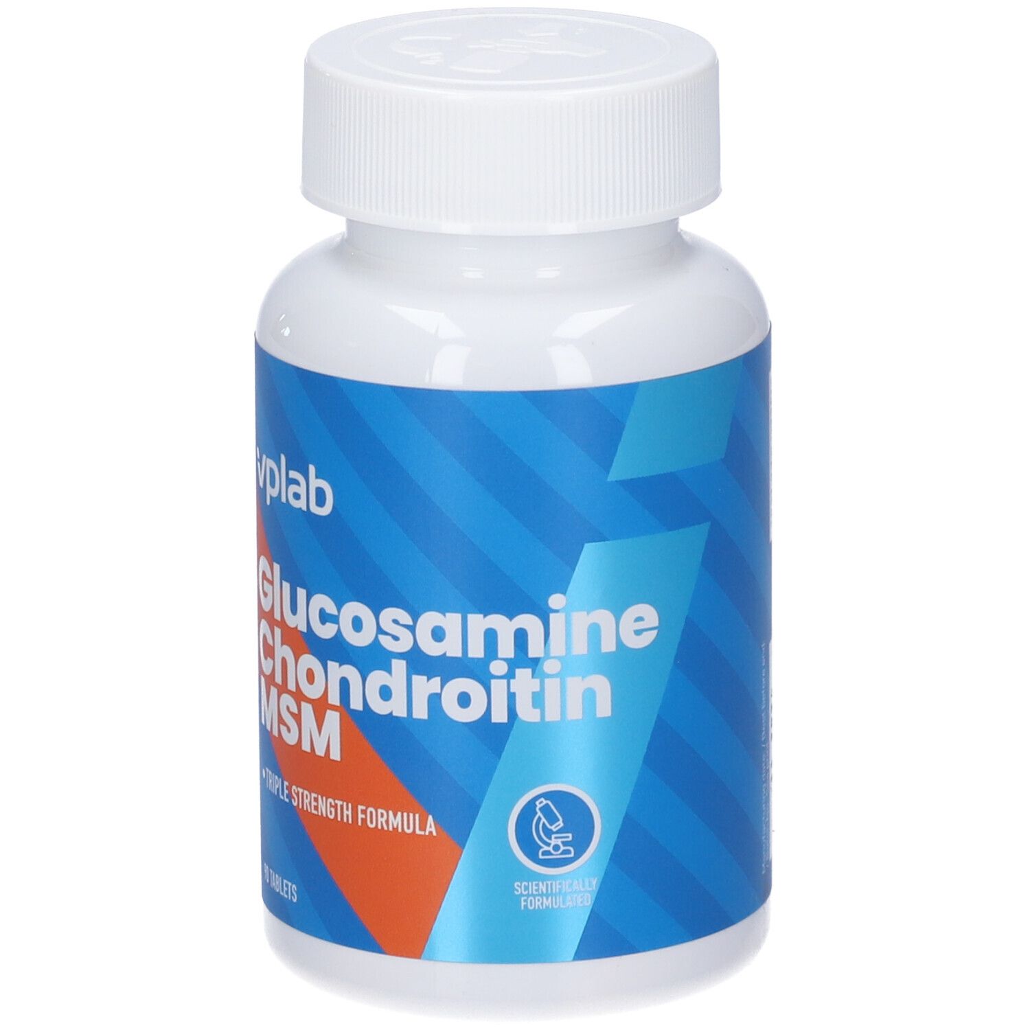 Flacone bianco con etichetta blu-arancione. Scritta: Glucosamina Condroitina MSM. 90 compresse.