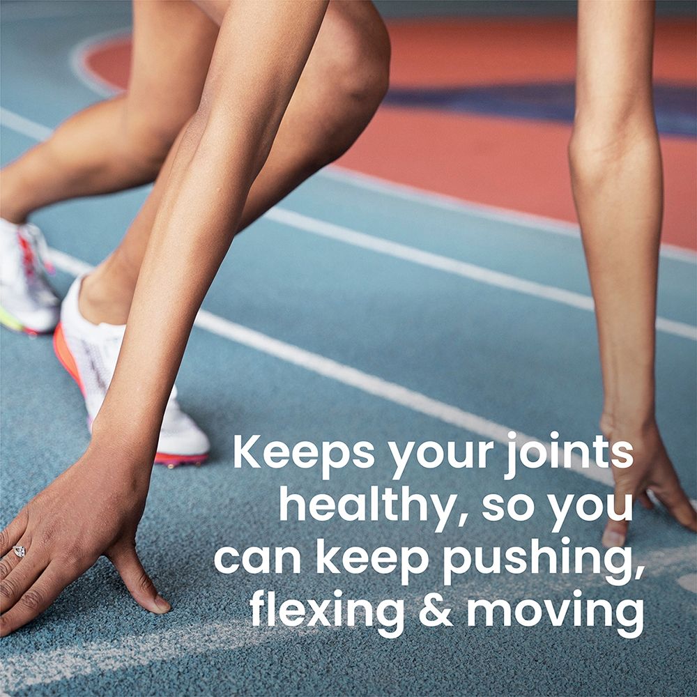 Gambe di persona su una pista. Testo: Mantiene le articolazioni sane, così puoi continuare a spingere, flettere e muoverti.
