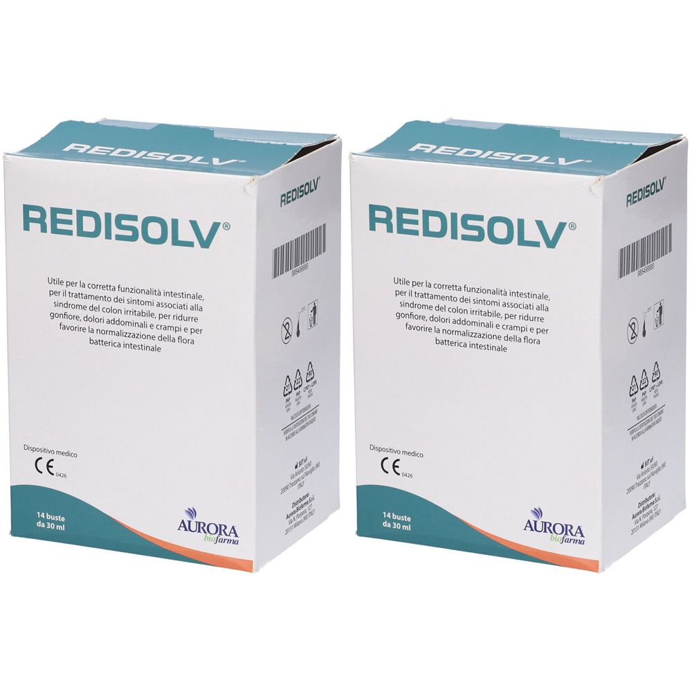 Due scatole bianche "REDISOLV". Testo italiano. Marchio CE e logo Aurora Biofarma. Contenuto: 14 stick.
