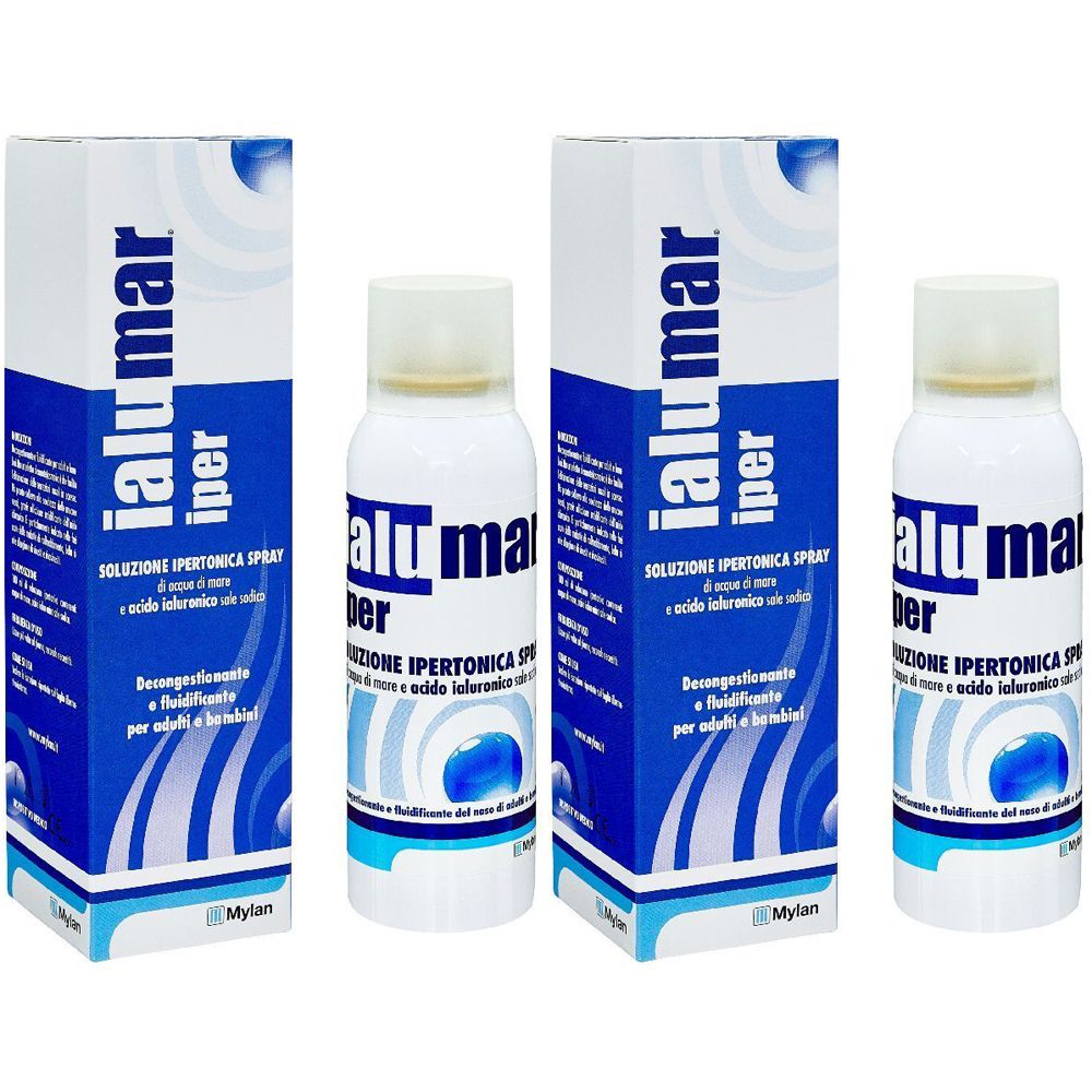 Due flaconi e due scatole. Scritta: Ialumar iper. Confezione blu e bianca. Logo Mylan.