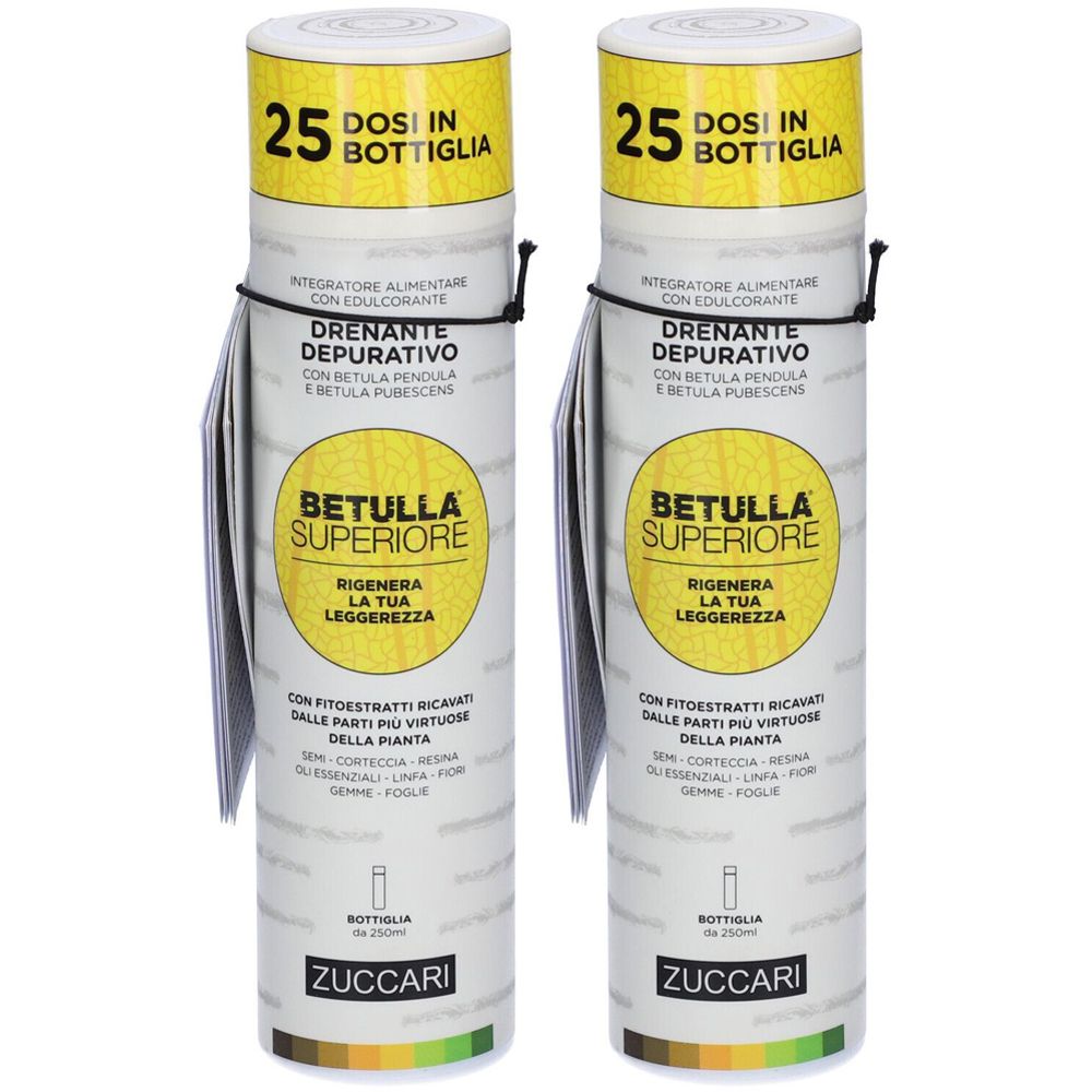 Due flaconi cilindrici con tappi gialli. Scritta: Betulla Superiore, Zuccari. Fascetta nera.