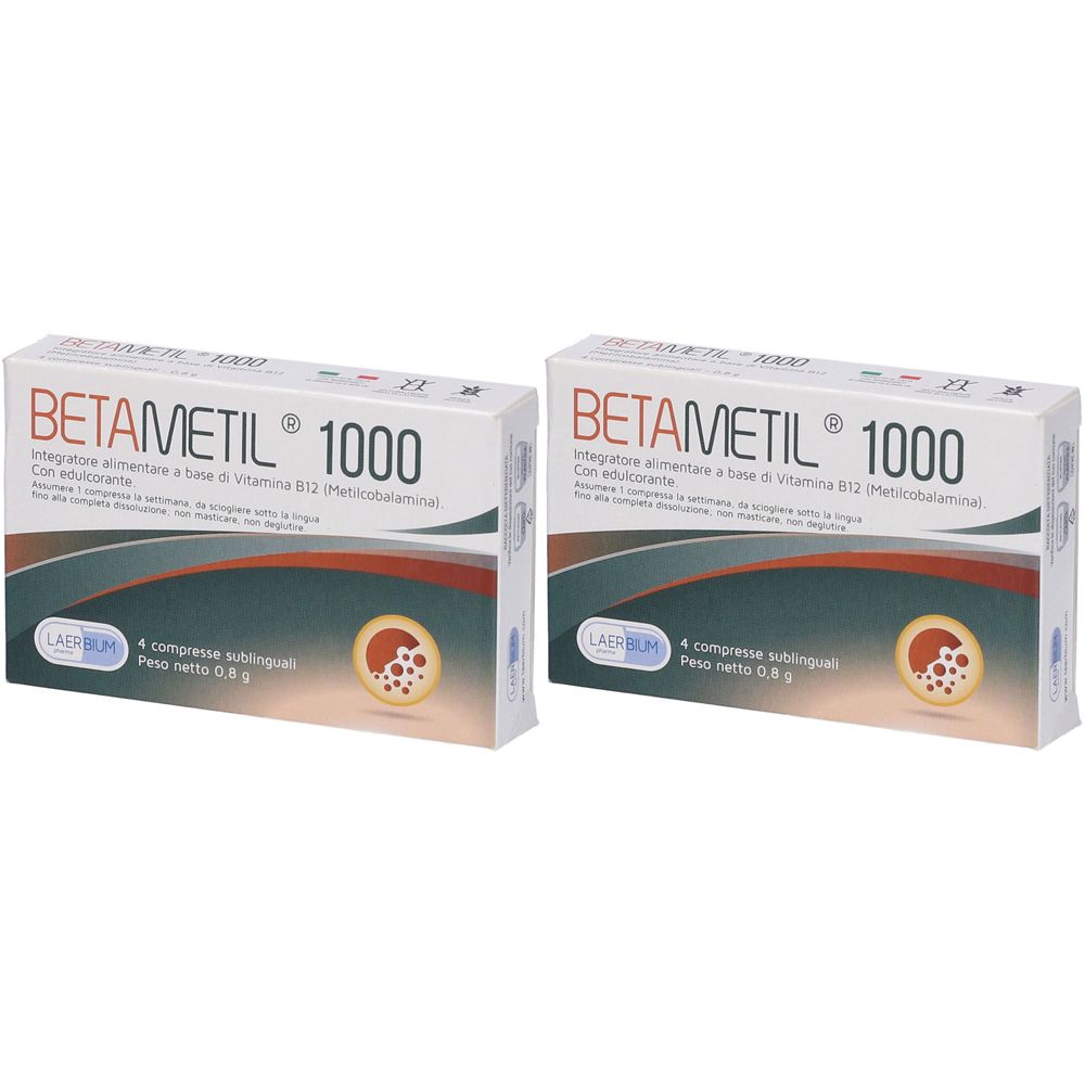 Due scatole di Betametil 1000. Confezione bianca con grafica blu e grigia. Testo: 4 compresse sublinguali.