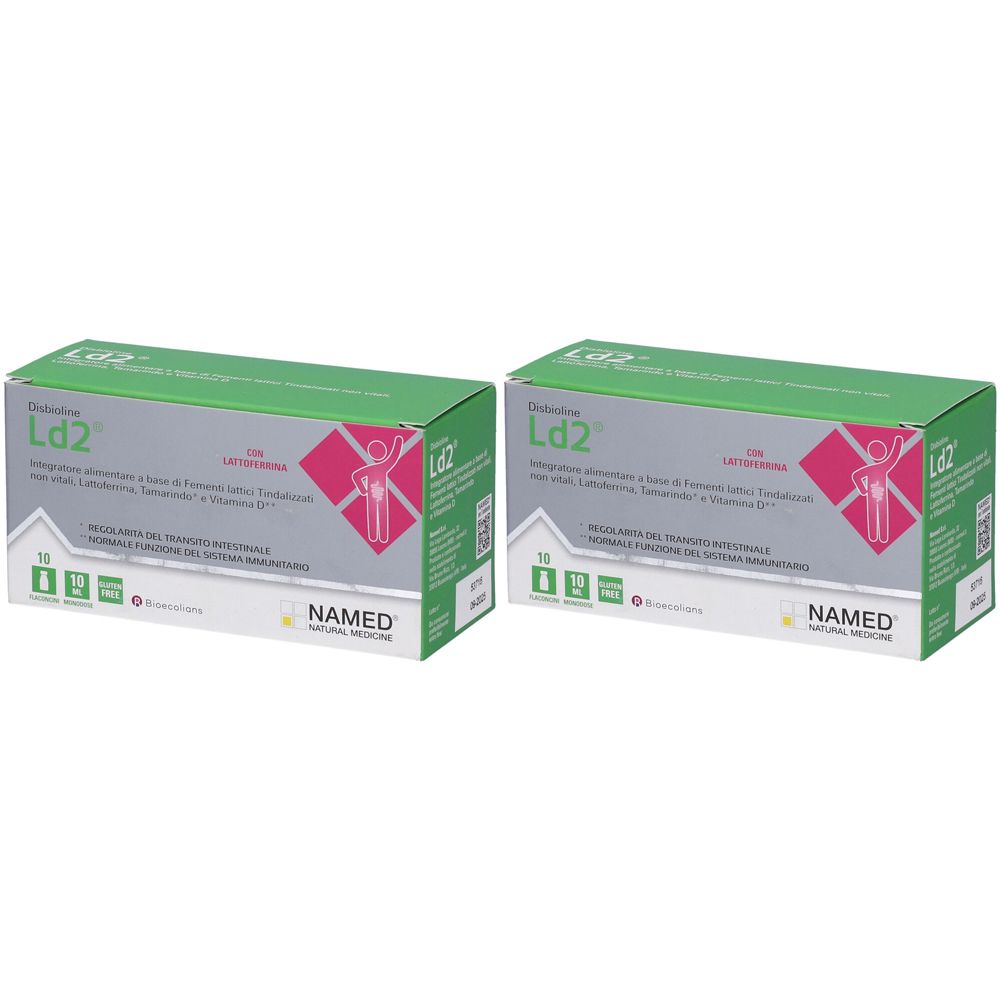 Due scatole verdi con testo bianco e diagramma rosa. Scritta: Ld2, NAMED Natural Medicine.