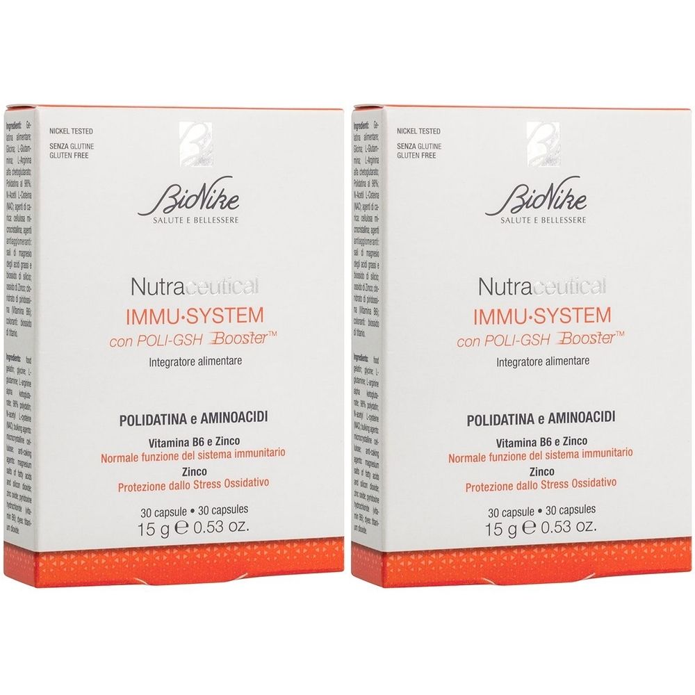 Due scatole bianche con testo rosso. Scritta: BioNike Nutraceutical IMMU-SYSTEM. Contiene 30 capsule. Contiene vitamina B6 e zinco.