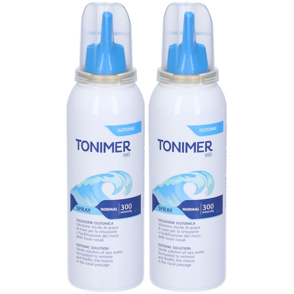Due flaconi spray bianchi con erogatore blu. Scritta: TONIMER MD, ISOTONIC, SPRAY, NORMAL 300.