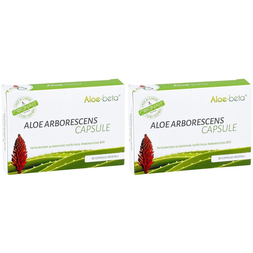 Due scatole di capsule di Aloe Arborescens. Confezione bianca con elementi verdi e rossi. Testo: Aloe-beta, Capsule.