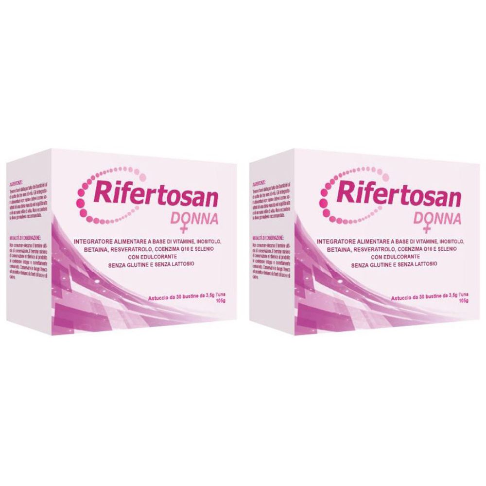 Due confezioni di Rifertosan Donna. Scritta: Integratore Alimentare. Senza glutine e lattosio. Design rosa e bianco.