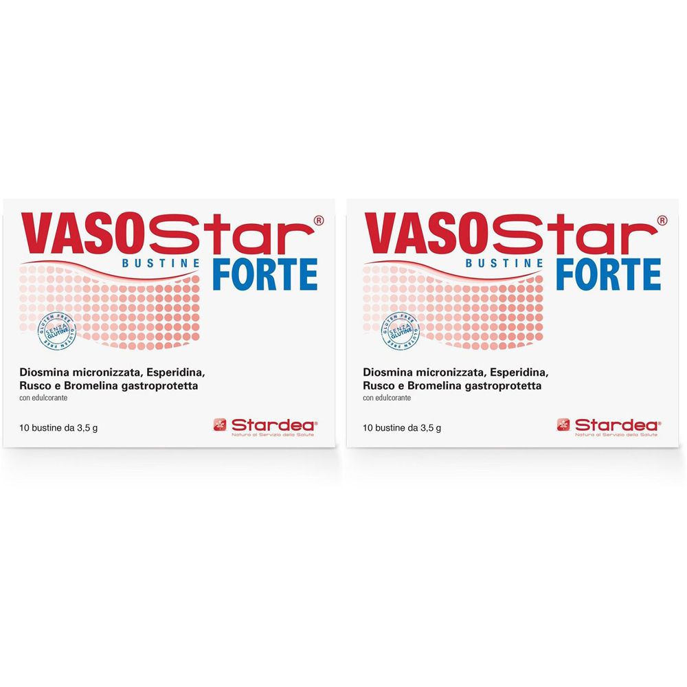 Due confezioni di Vasostar Forte. Scritta: Diosmina micronizzata, Esperidina, Rusco e Bromelina gastroprotetta. Marchio: Stardea. Ogni confezione contiene 10 bustine.