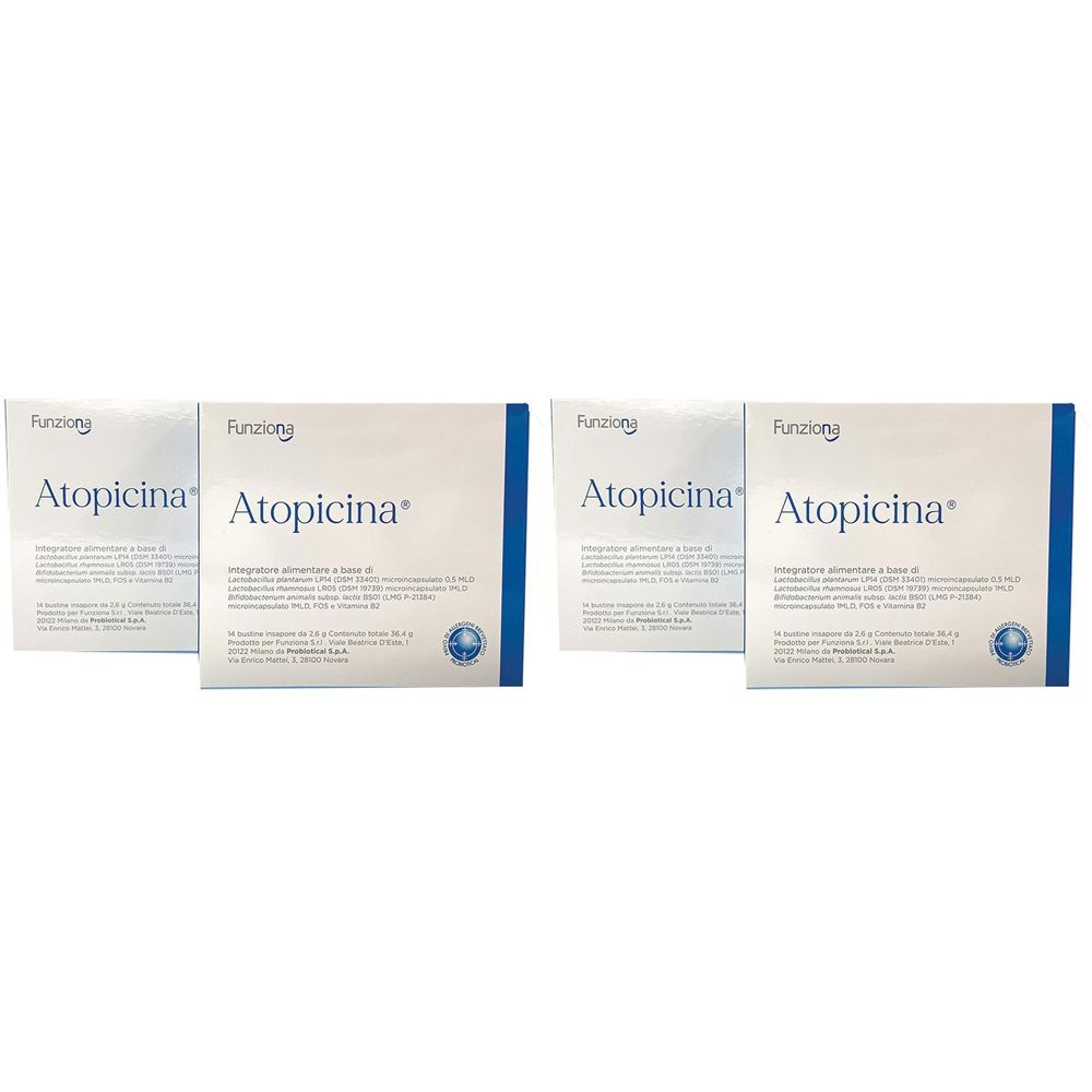 Diverse scatole bianche con la scritta Atopicina e Funzioni. Accenti blu sui lati. Integratore alimentare.