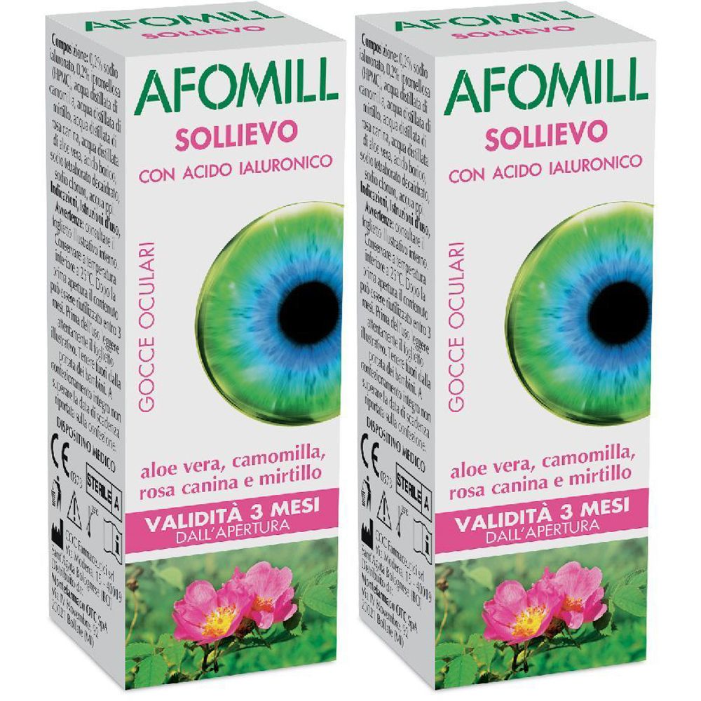 Due confezioni AFOMILL. Scritta SOLLIEVO, con acido ialuronico. Contiene aloe vera, camomilla, rosa canina e mirtillo. Validità 3 mesi.