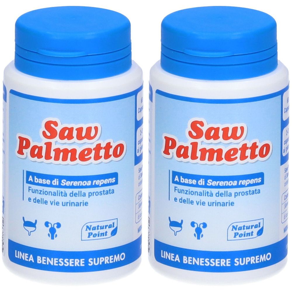 Due flaconi con tappi blu. Scritta: Saw Palmetto. Testo: Funzionalità della prostata e delle vie urinarie. Natural Point.