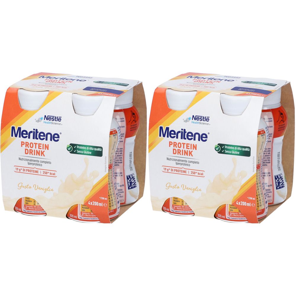 Due confezioni di Meritene Protein Drink Vaniglia. Ogni confezione contiene quattro bottiglie. Scritte: Nestle, Protein Drink, 11g proteine, 250 kcal.