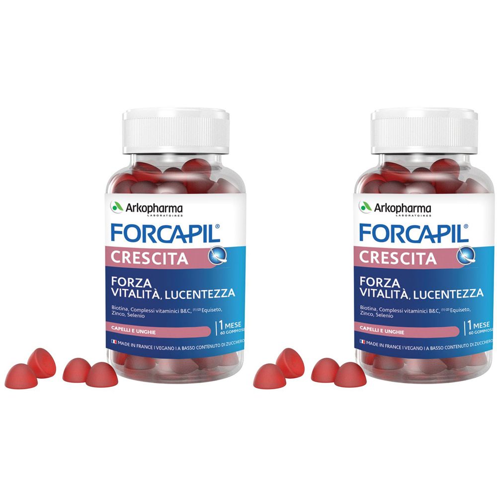Due flaconi di Arkopharma Forcapil Crescita. Flaconi trasparenti con caramelle gommose rosse. Scritta: FORCAPIL, CRESCITA, FORZA VITALITÀ, LUCENTEZZA.