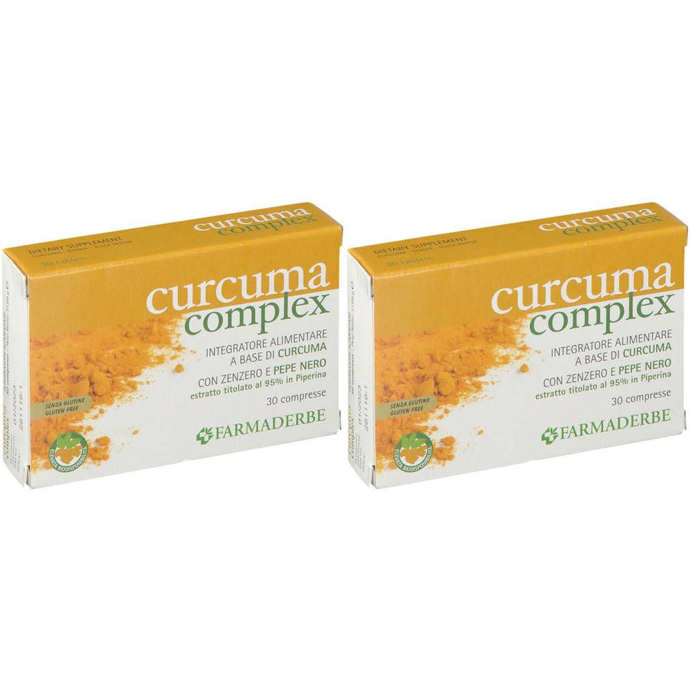 Due scatole di "curcuma complex". Ogni scatola riporta "Integratore alimentare a base di curcuma".