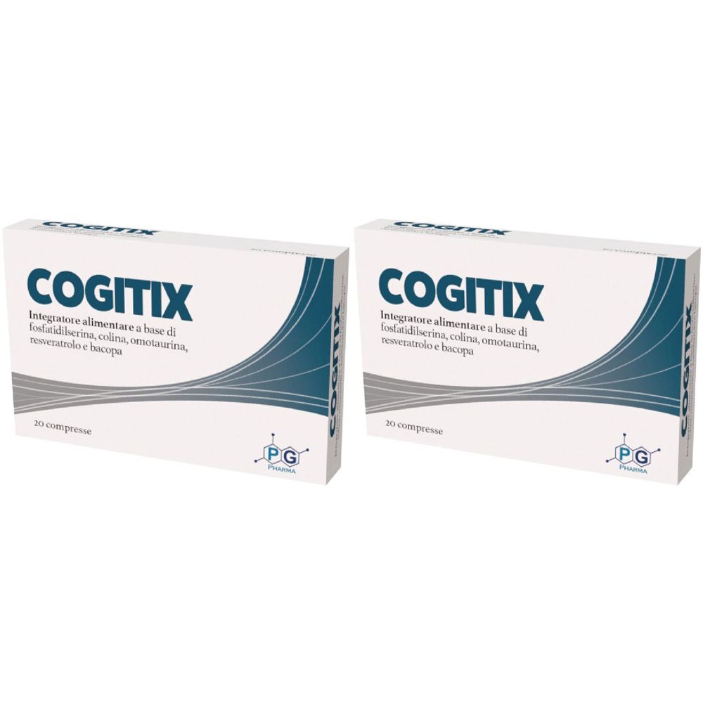 Due scatole bianche con scritto "COGITIX". Testo sottostante. 20 compresse. Logo PG.